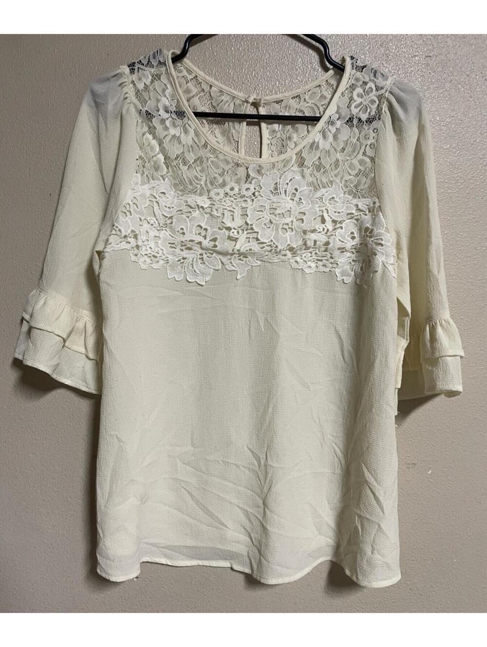 Andre By Unit Ivory 3/4 Sleeve Ruffle Lace Boho Small Blouse